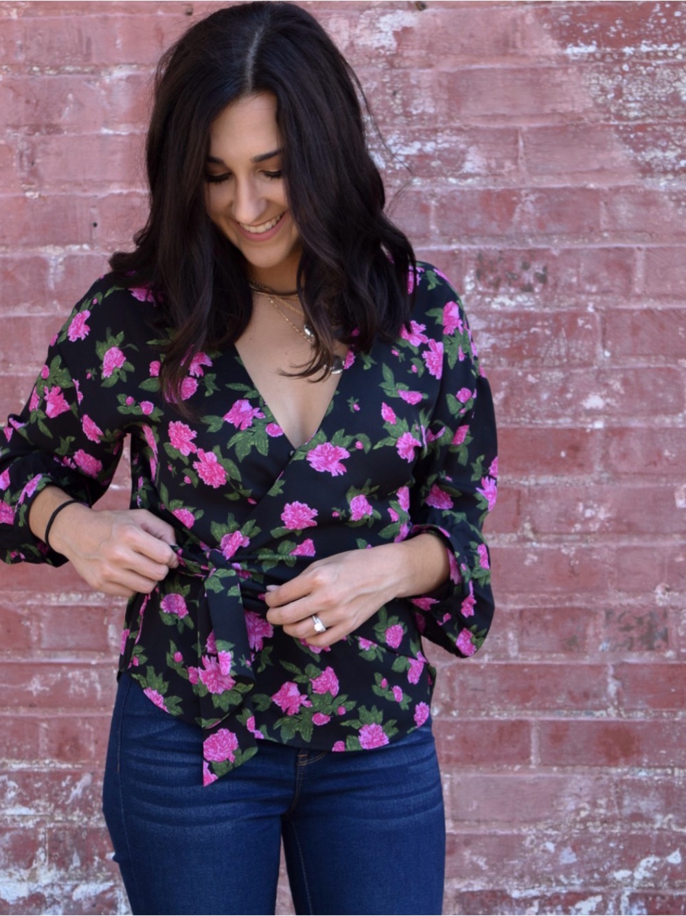 NWT Who What Wear Floral Rose Wrap Blouse Black Pink Size Large